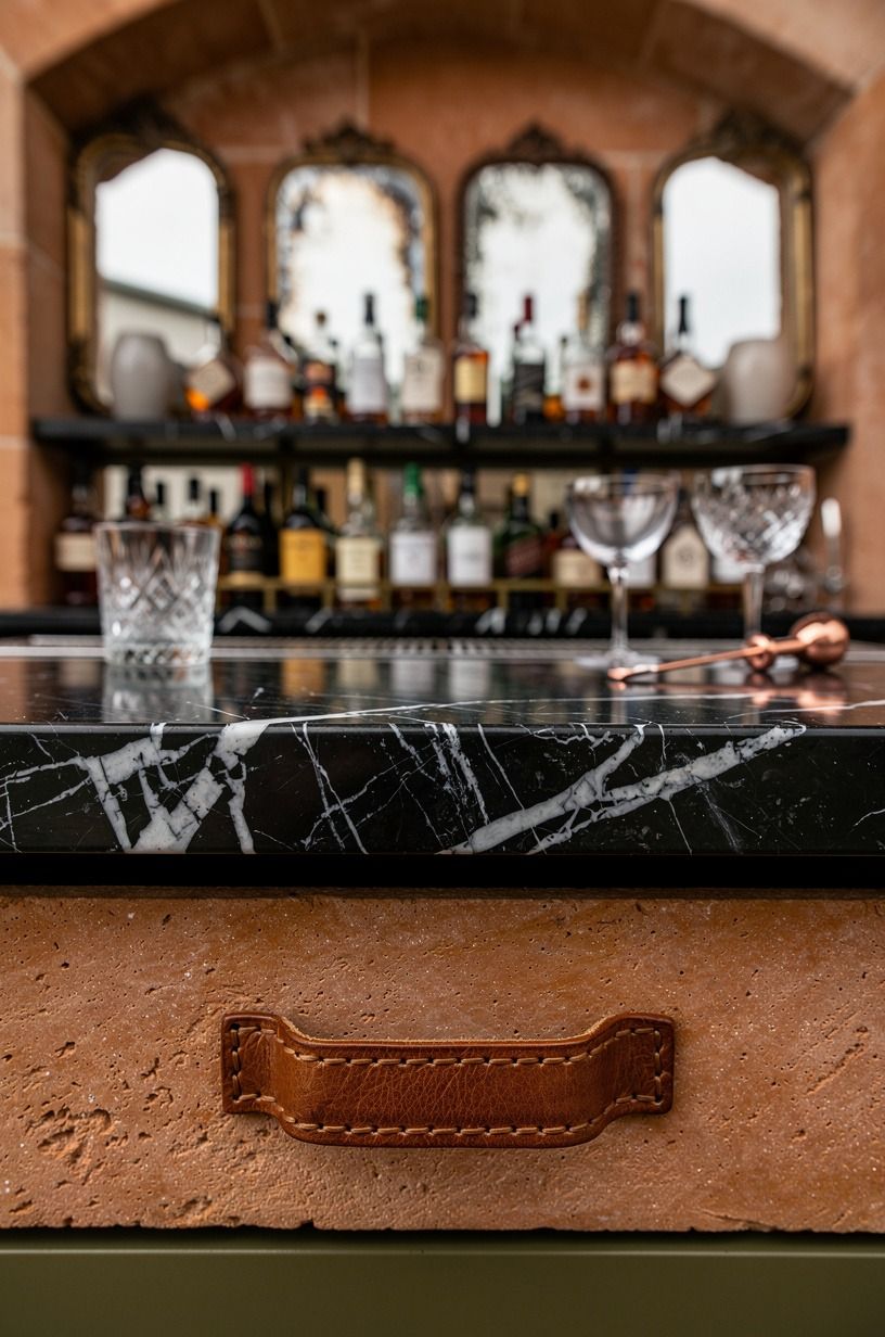 Vintage mirrors against dark walnut paneling