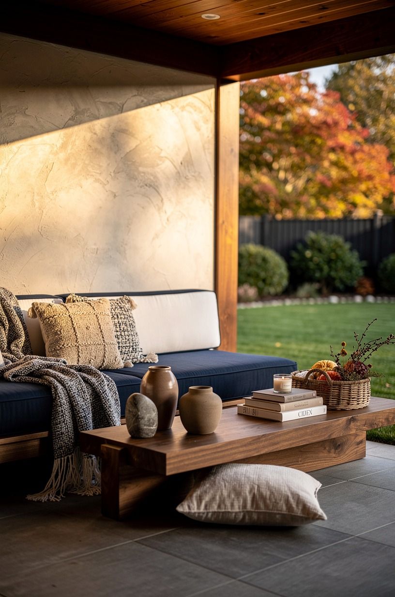 Mix a covered lounge with fall texture