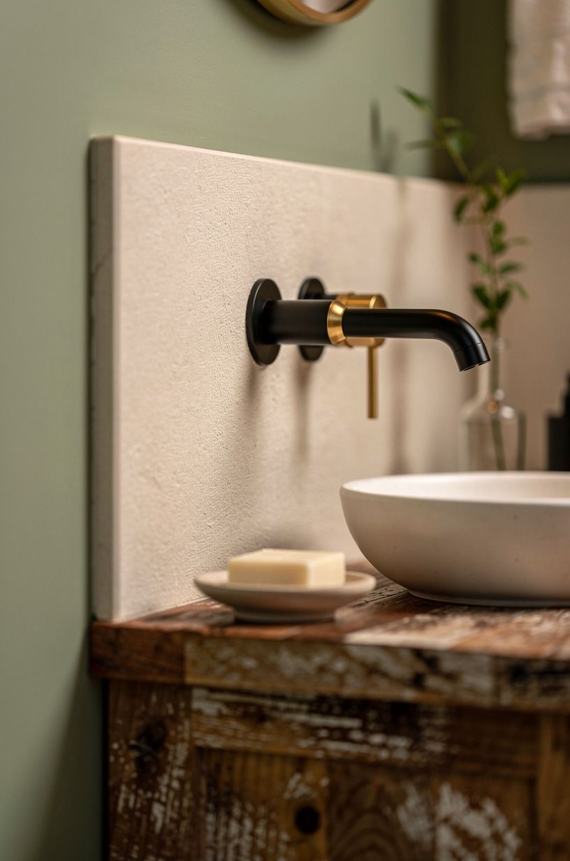 Add a black-and-gold moment at the faucet wall