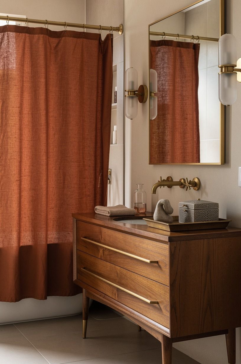 Add a brown shower curtain rod for contrast