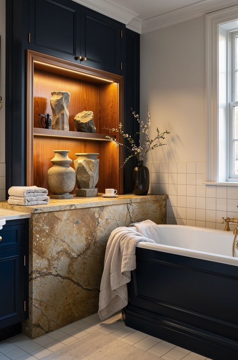 Add a warm stone bathroom focal point beside the tub