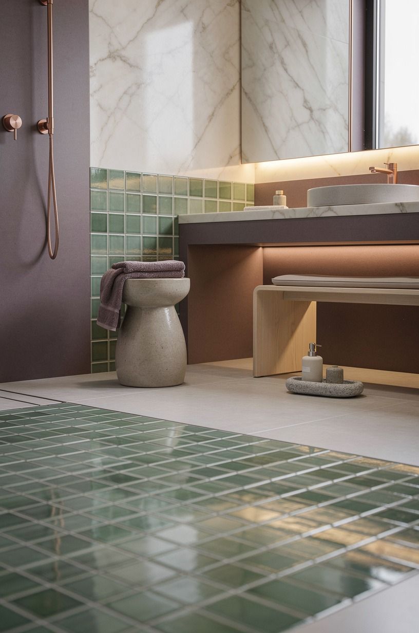 Add hand-glazed green tile only where water hits