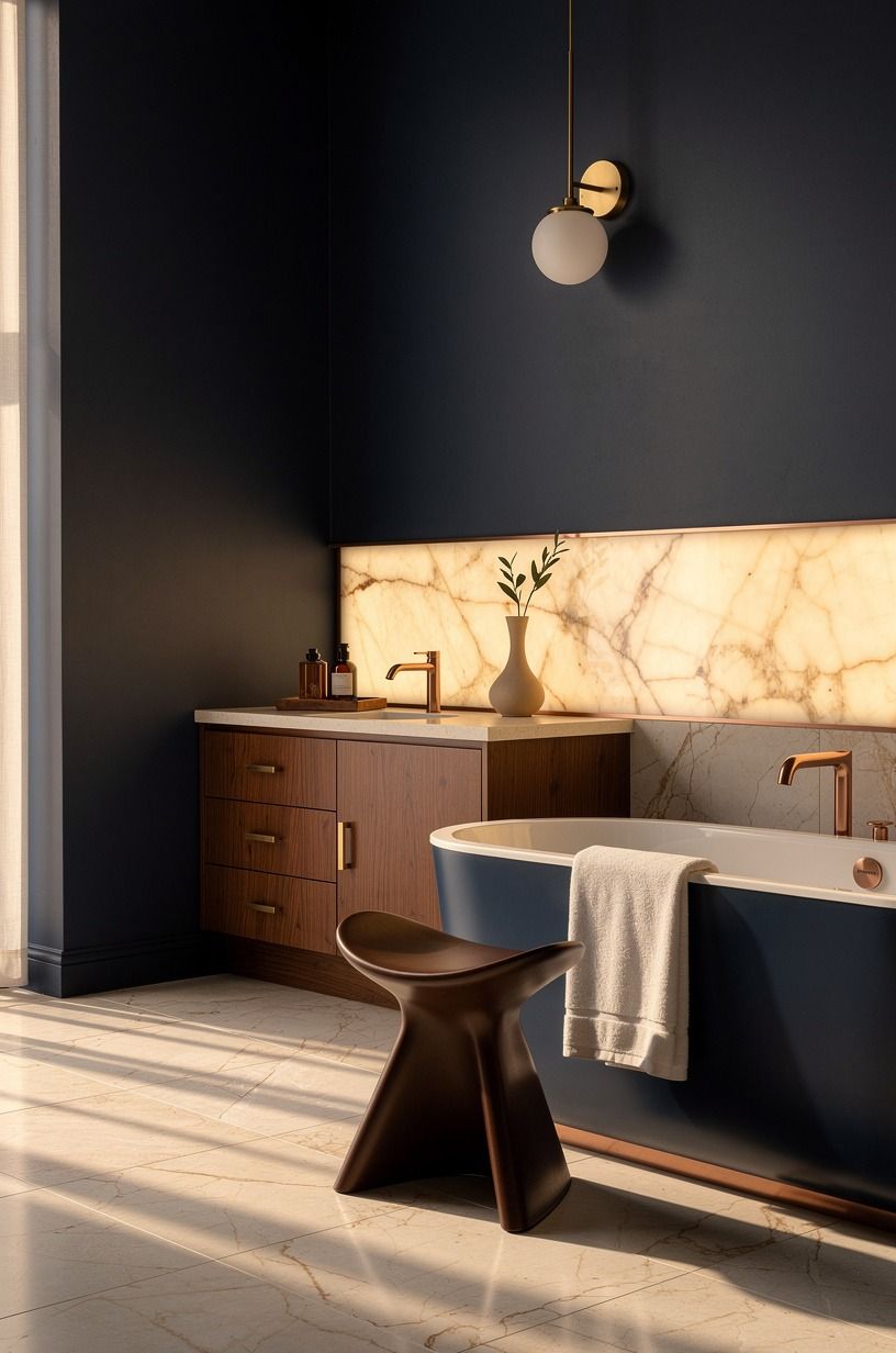 Anchor a 60x30 in tub with one sculptural stool