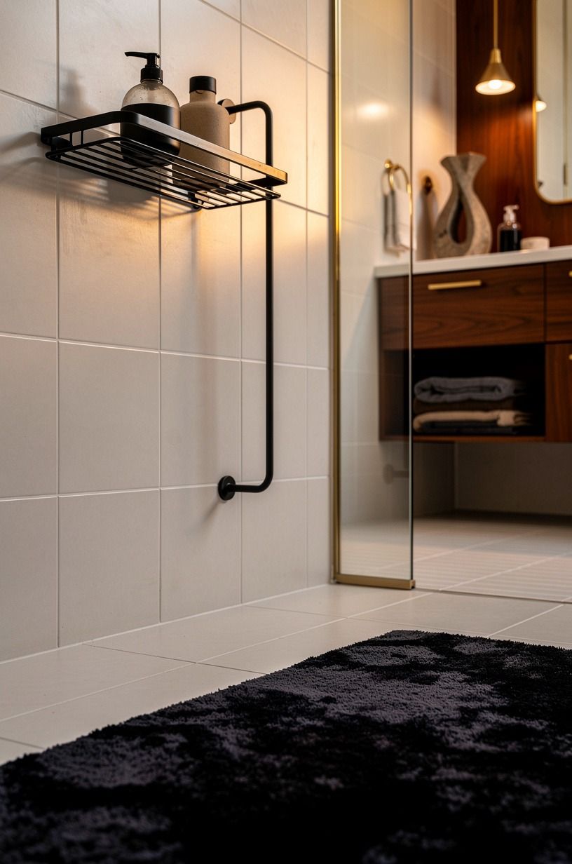 Anchor a black metal shower shelf against pale tile