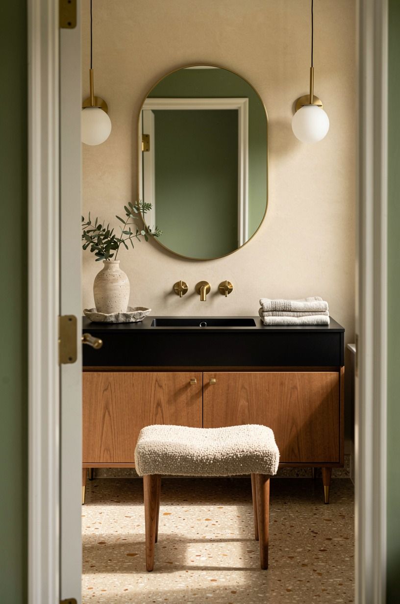 Anchor a black vanity with a sandy wall (the Soft-Frame Rule)