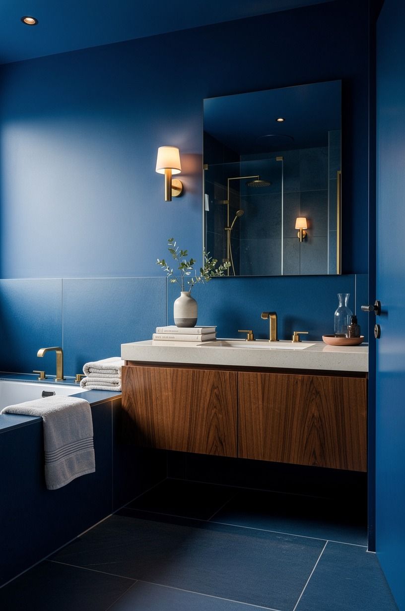 Anchor the color-drench blue bathroom with one pale surface