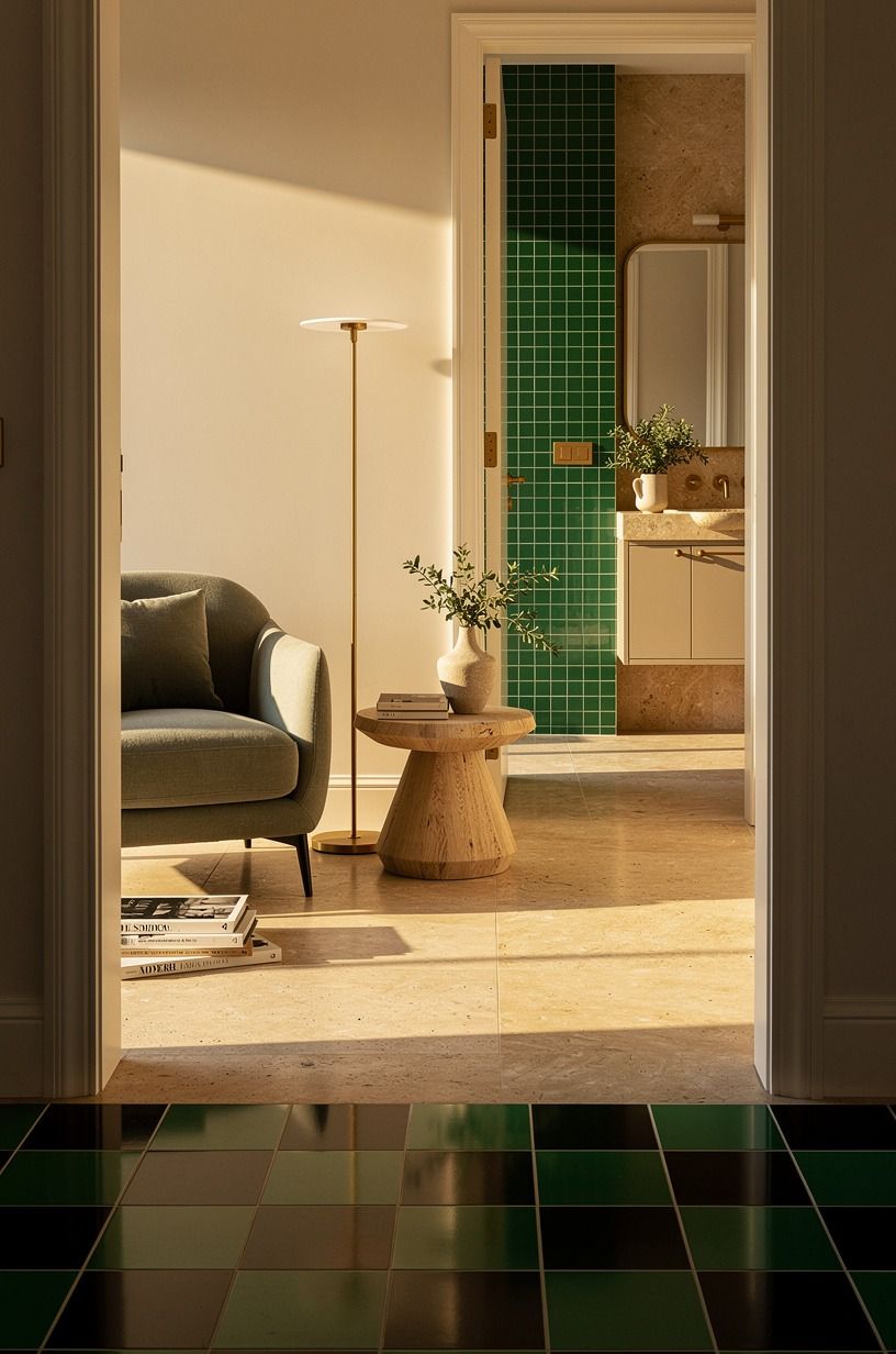 Anchor the floor with green and black checkerboard