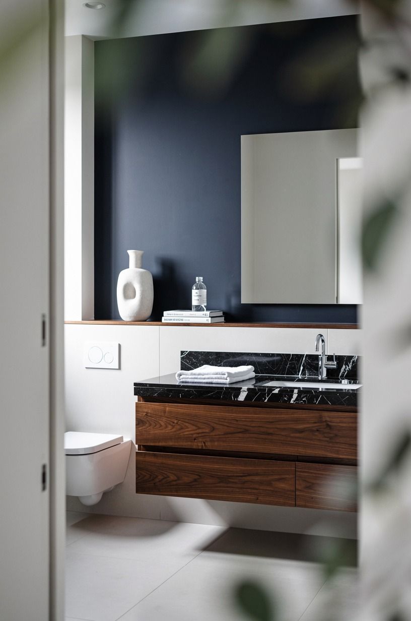 Anchor the room with a walnut vanity