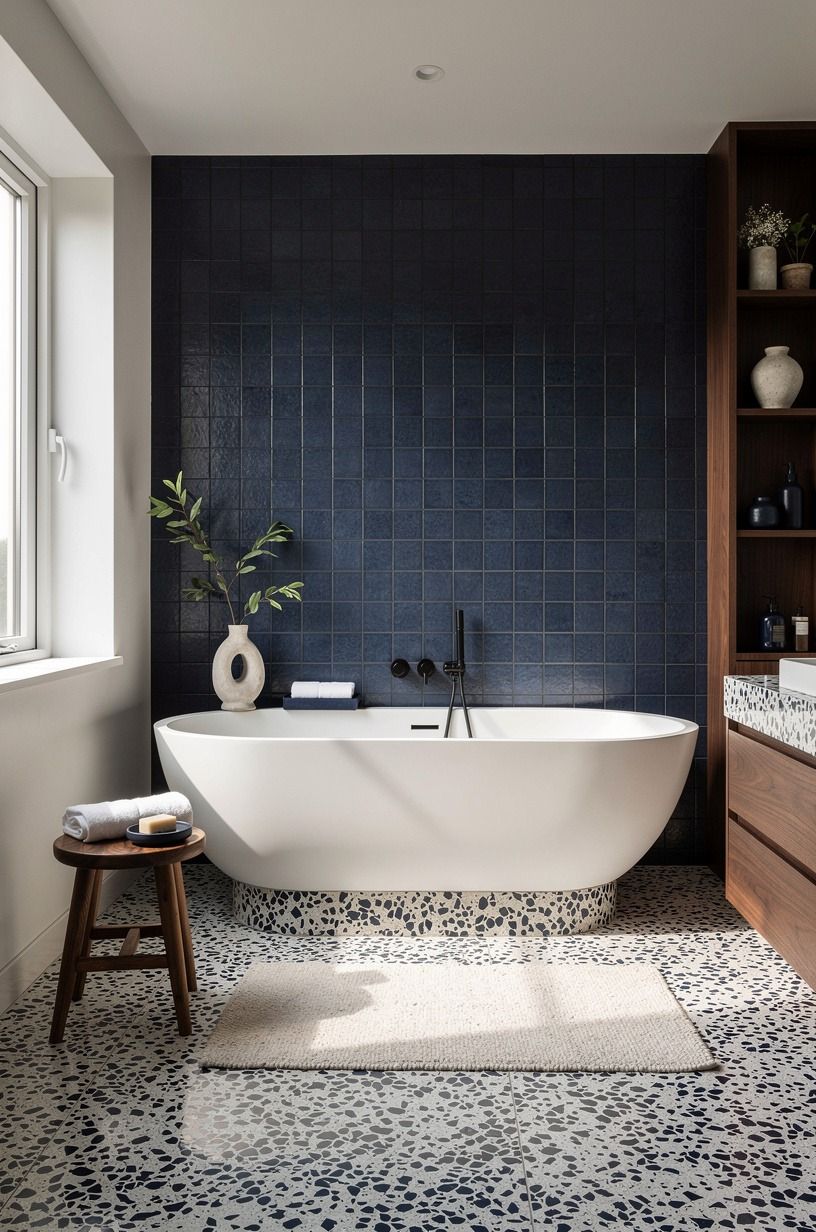 Anchor the tile surround freestanding tub with one quiet wall
