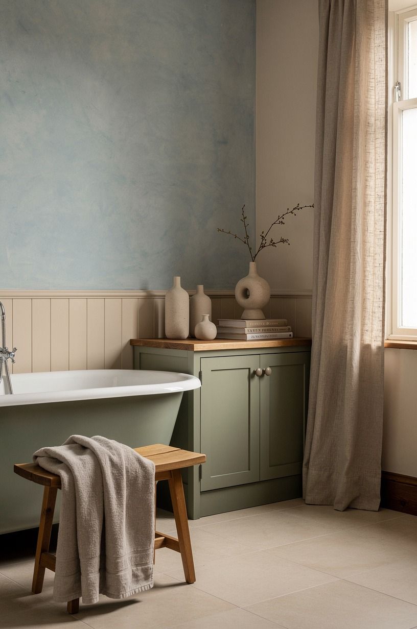 Anchor the tub wall with sea-salt blue variation