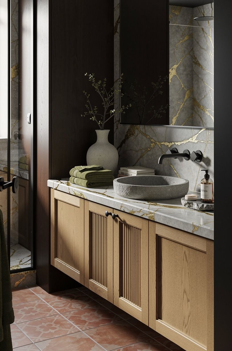 Build the Two-Wood Rule around a black and earthy bathroom