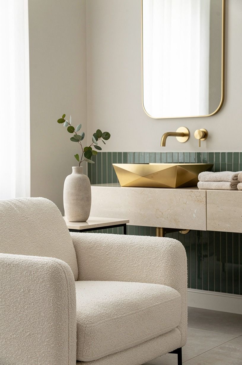 Can a bold faucet modernize a neutral tone bathroom decor scheme?