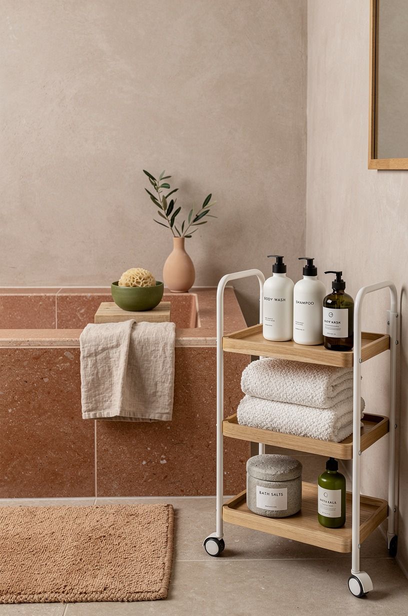 Can a rolling cart beat bathroom tub shelves?