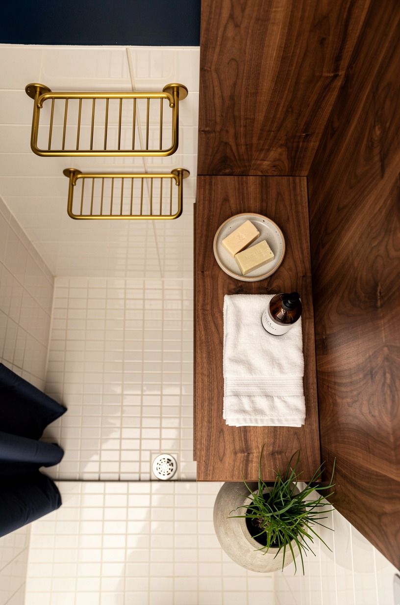 Can one brass shelf make a rental shower feel finished?