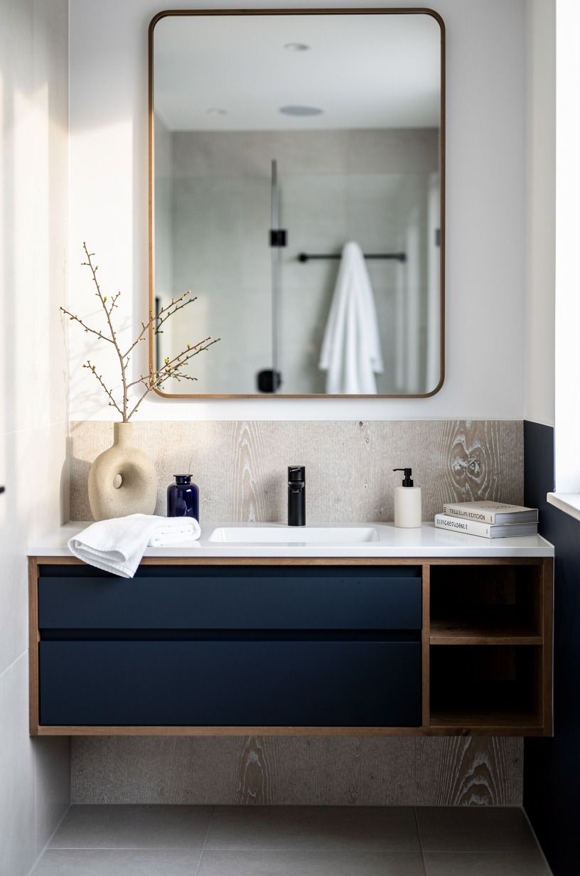 Choose a low, wide mirror for a small vanity wall