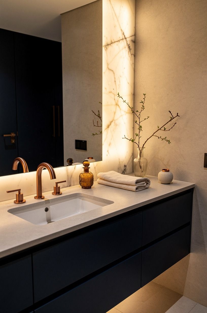 Choose a quiet vanity top over busy marble