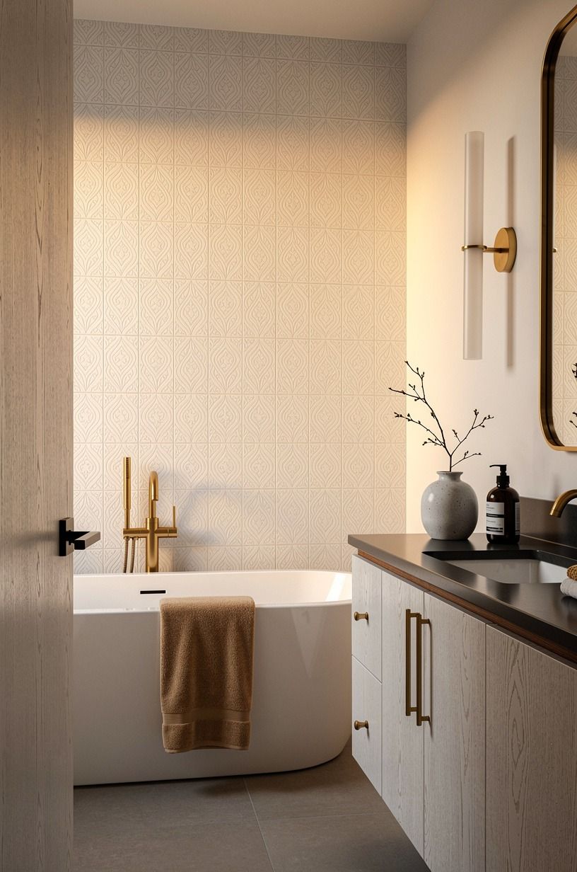 Choose tile behind the tub over a busy floor
