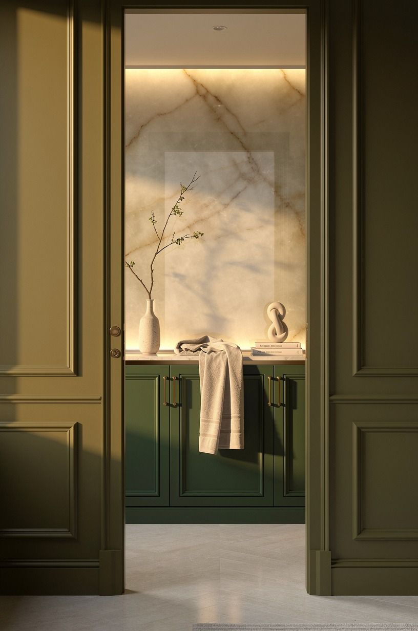 Contrast olive green against a pale floor
