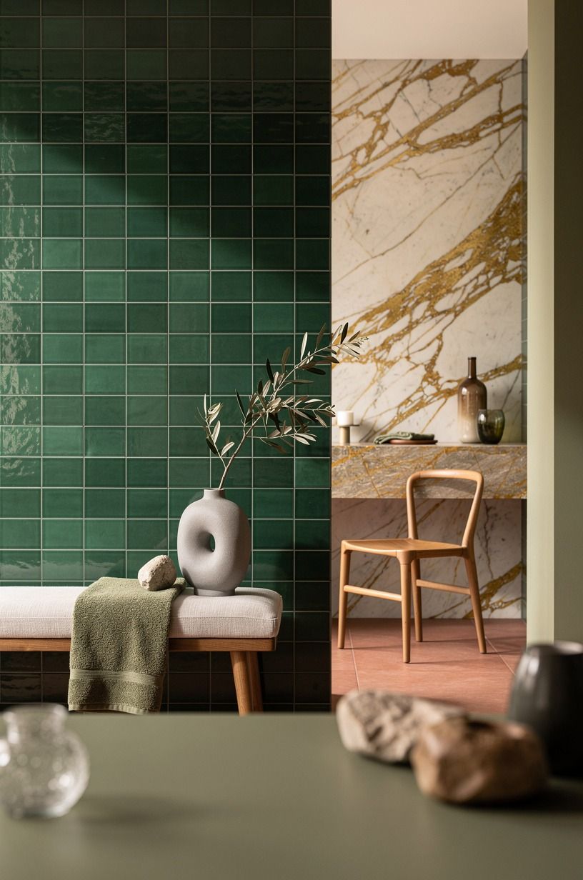 Cover one wall with removable emrald green tile