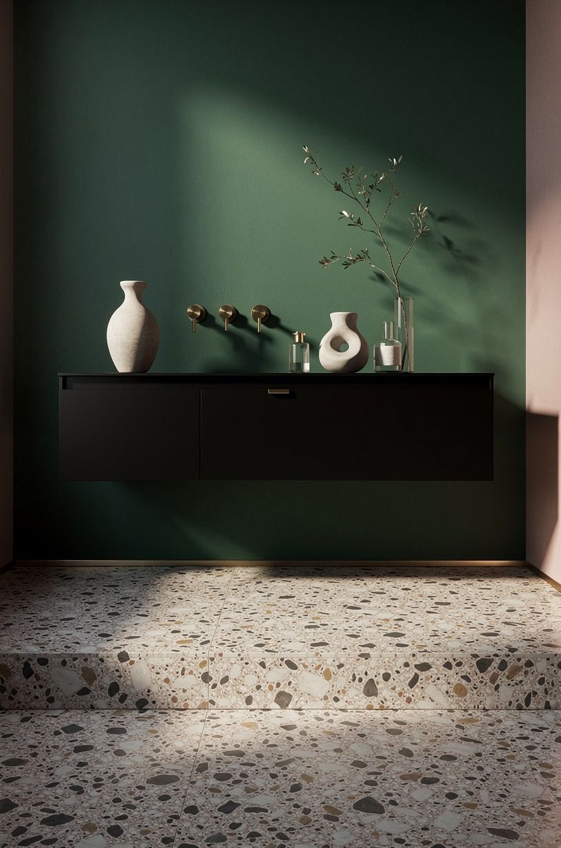 Float a black vanity over a deep green wall