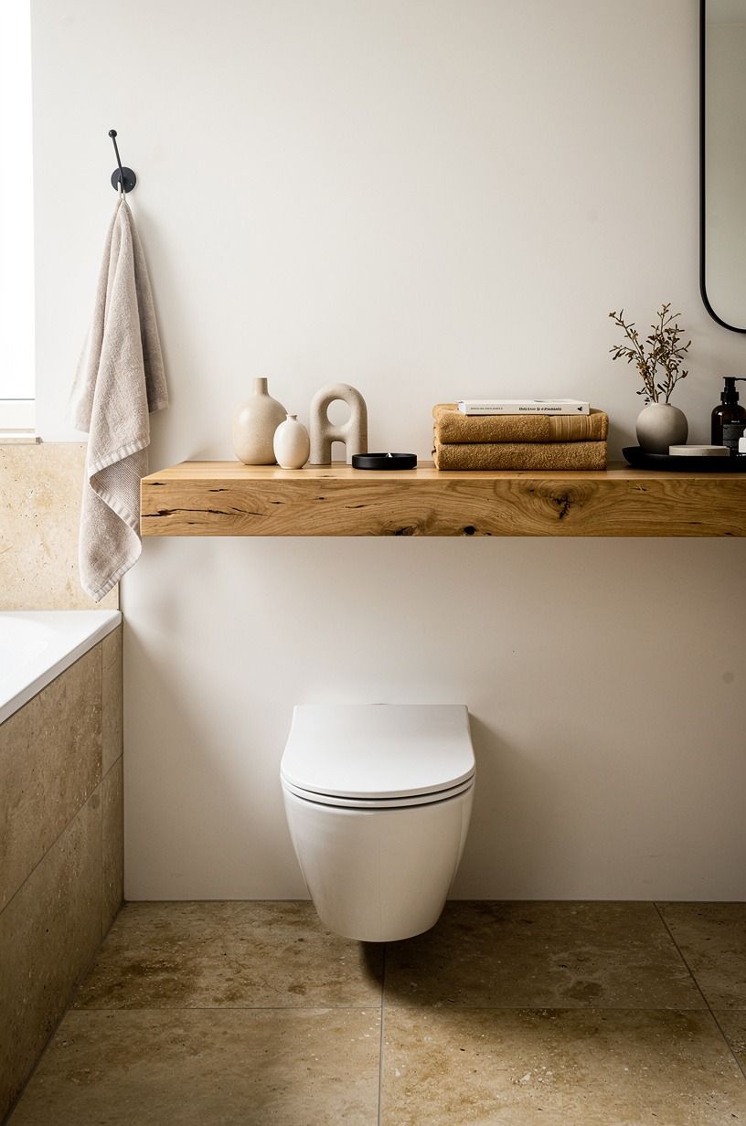 Float a chunky oak shelf above the toilet