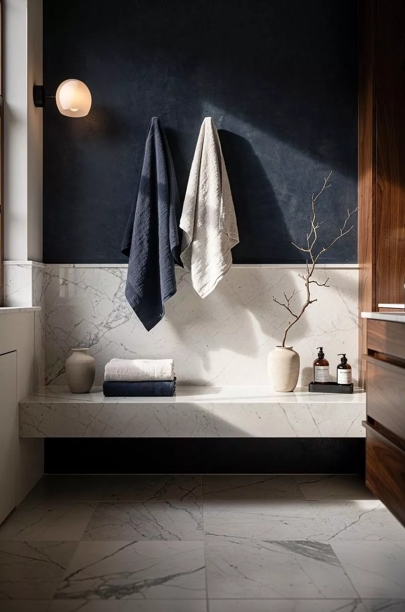 Float a long shower shelf stone across the back wall