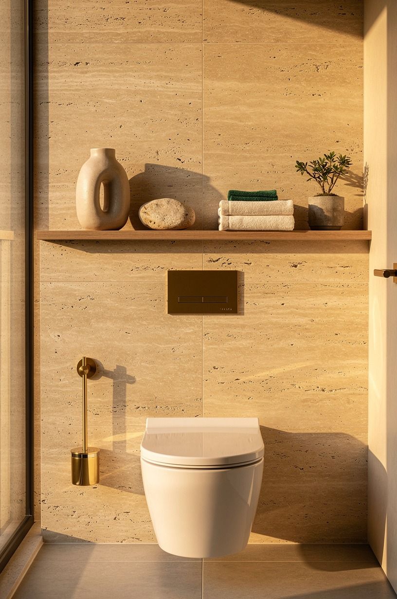 Float a narrow shelf above the toilet