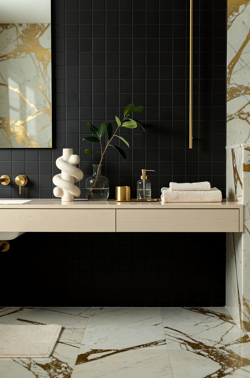 Float a pale wood shelf across black tile