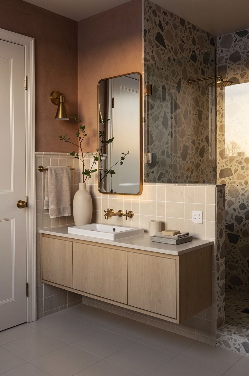 Float a raw oak vanity above pale tile