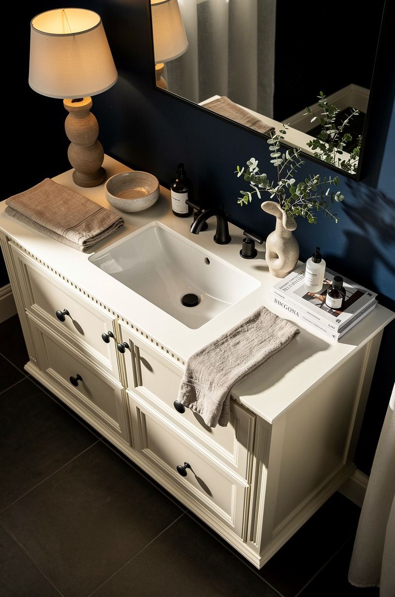 Float a warm vanity against dark blue bathrooms
