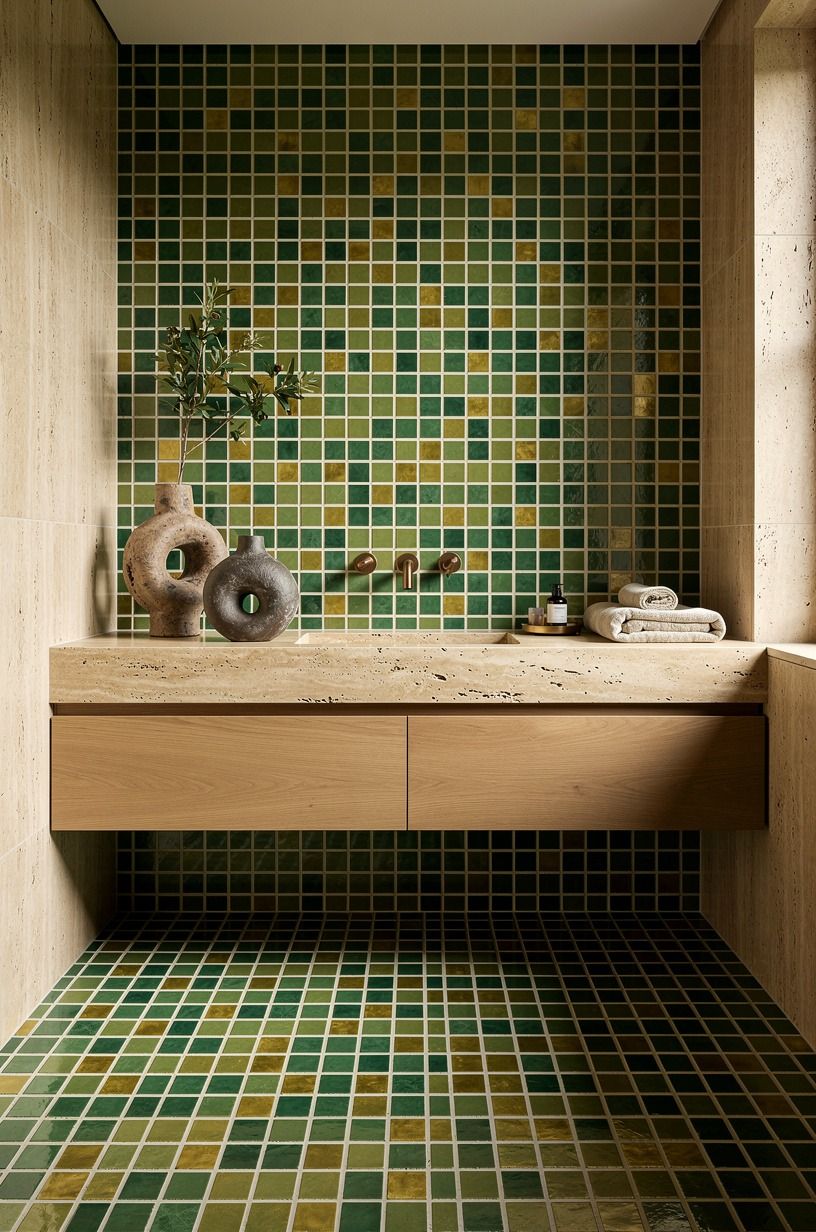 Float a wood vanity above the handmade grid