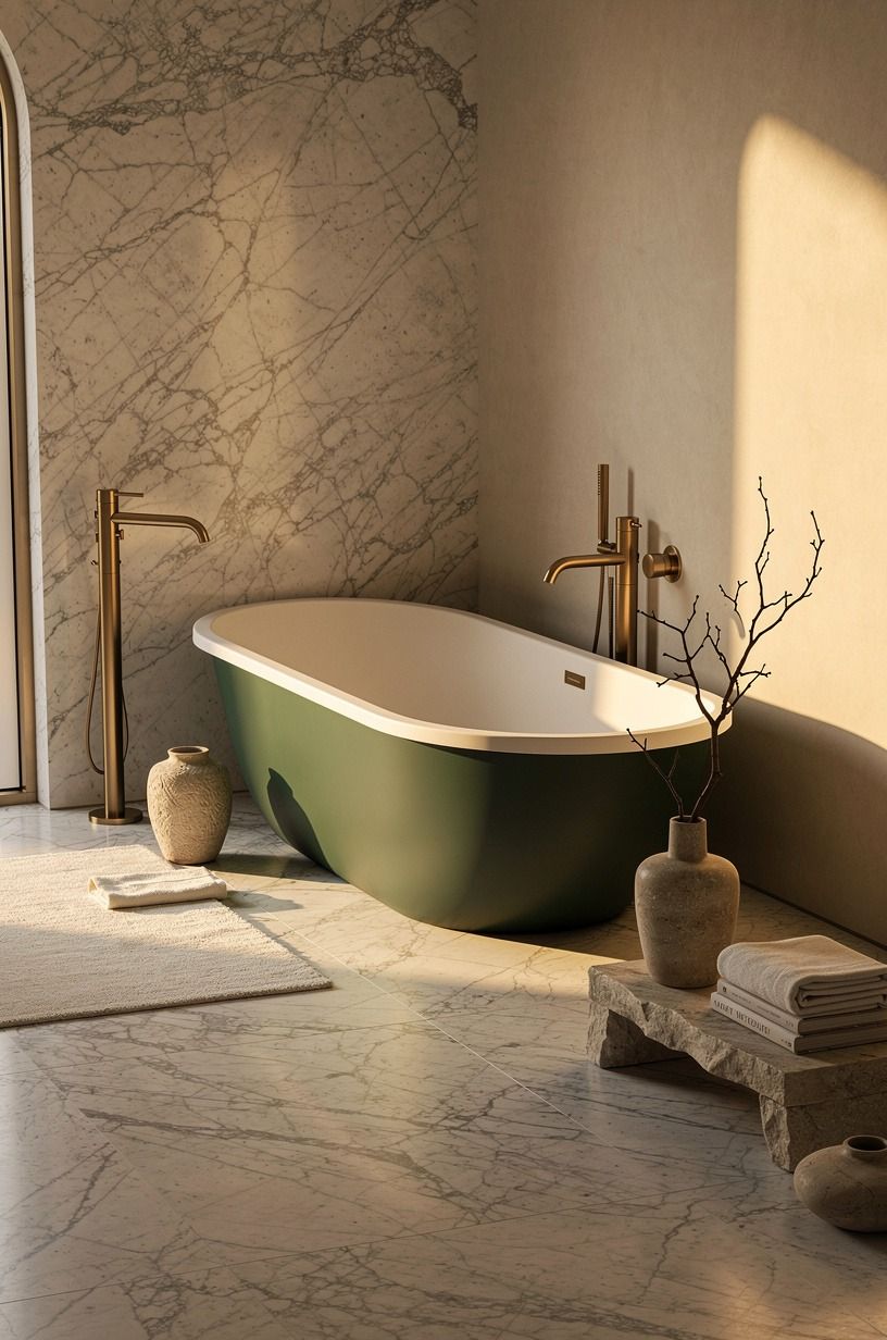 Float the tub on the drain-wall diagonal