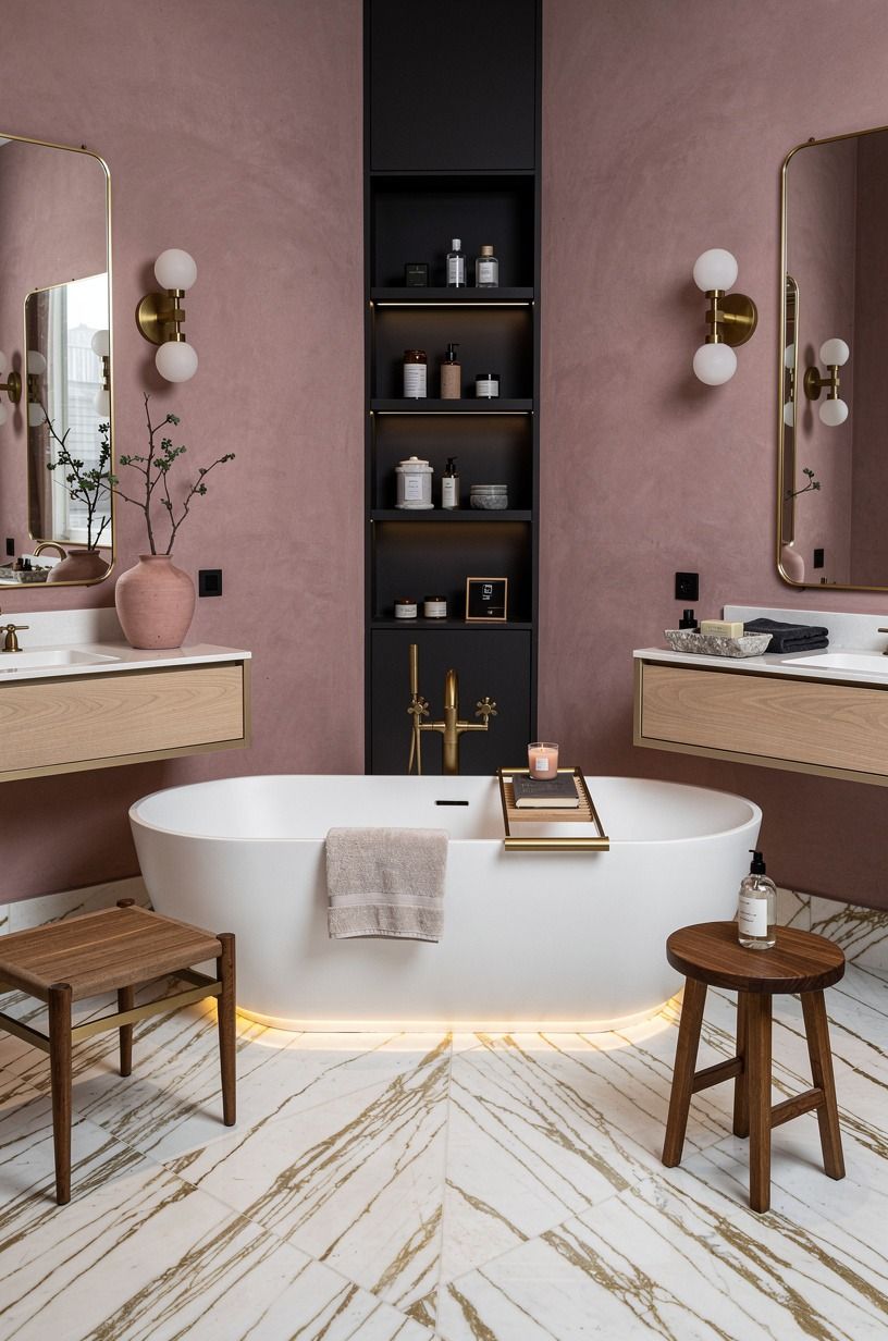 Float white oak vanities around the bathtub between vanities