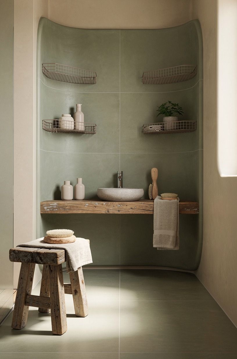 Float wire shower shelves where your elbow won’t hit them