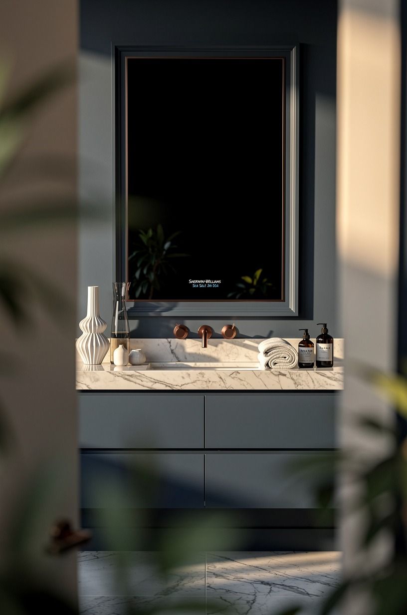 Frame a black mirror with Sherwin-Williams Sea Salt SW 6204