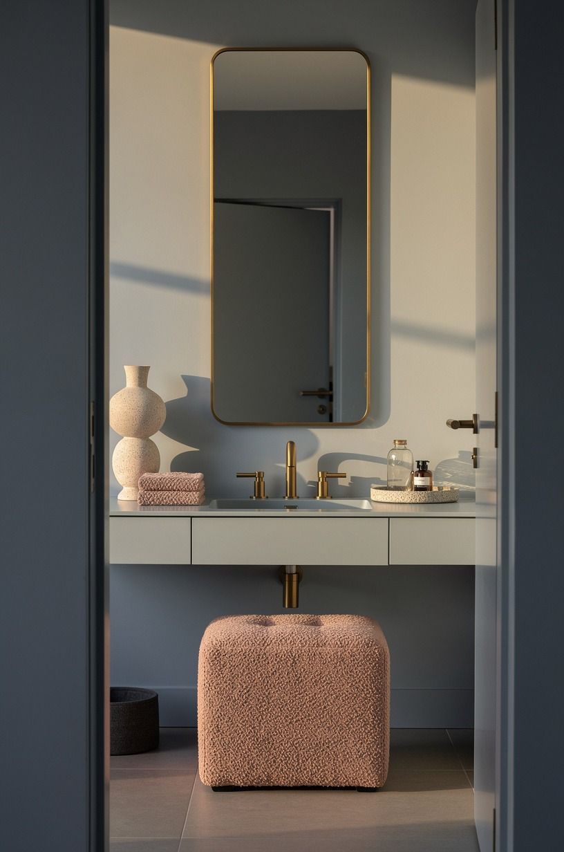 Frame a light blue grey bathroom paint with aged brass