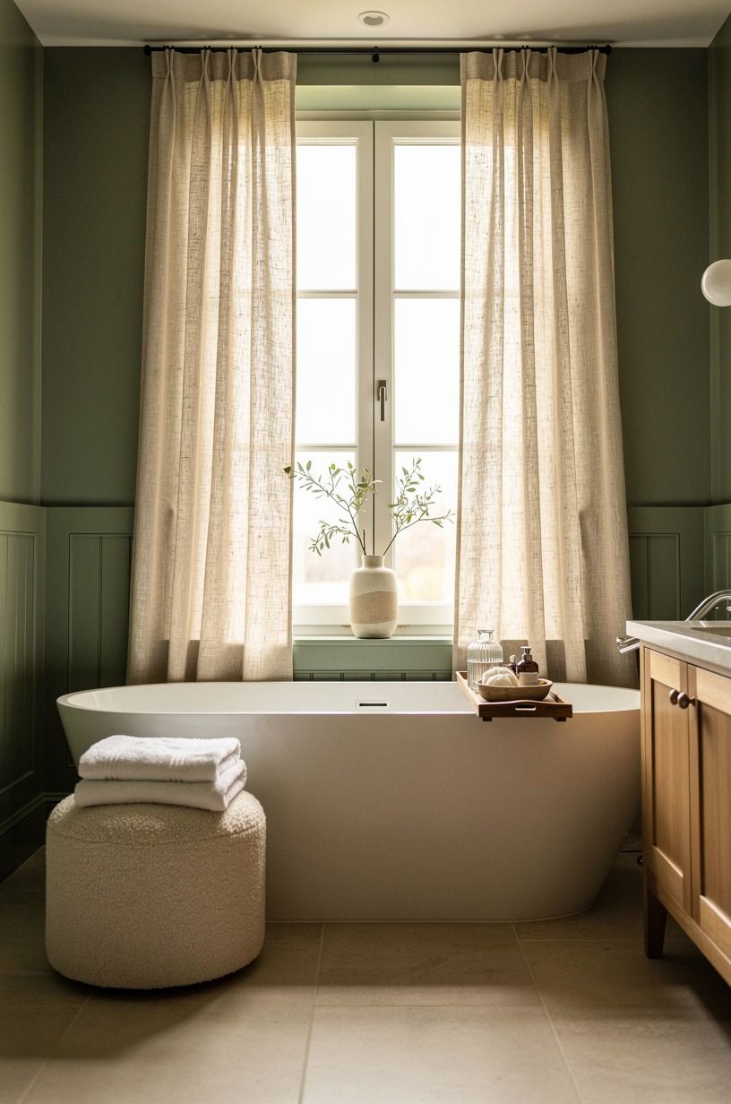 Frame a tub by window with linen panels