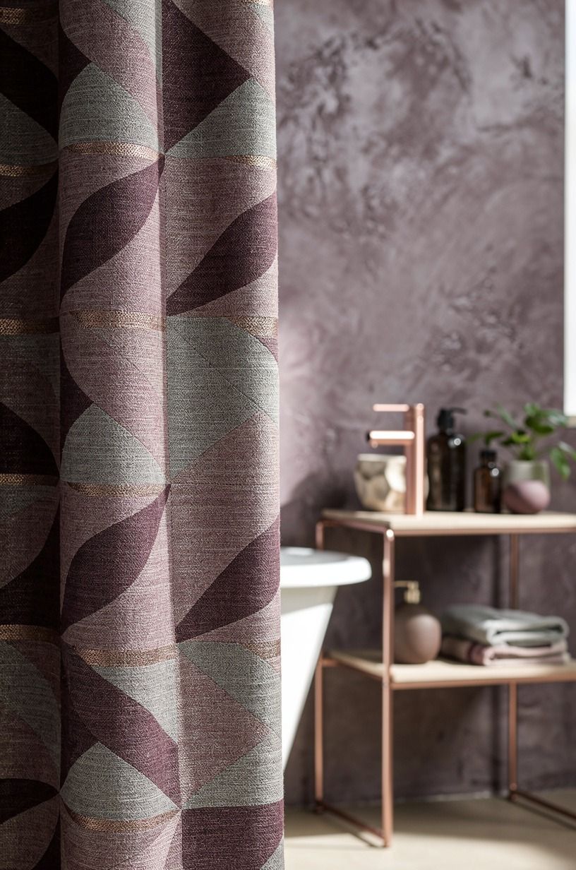 Frame retro bathrooms with a geometric shower curtain