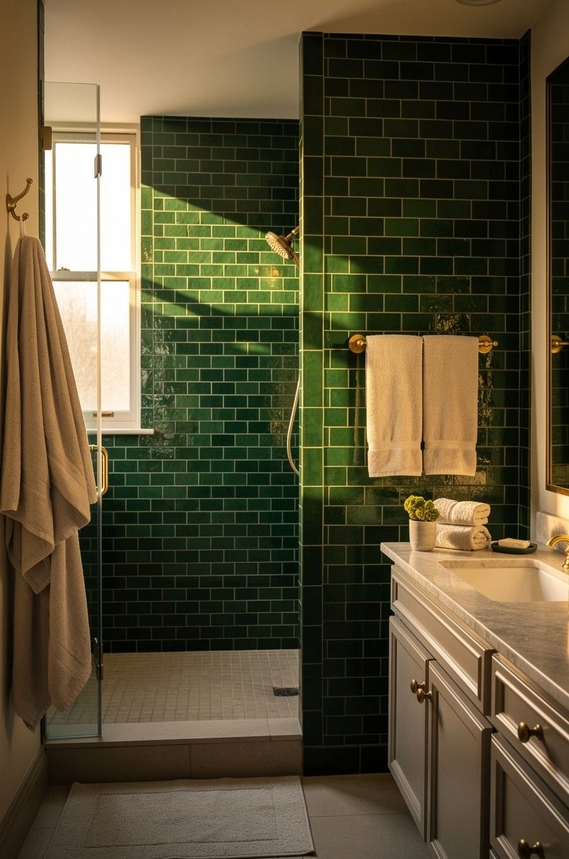 Frame the shower in hand-glazed emerald zellige
