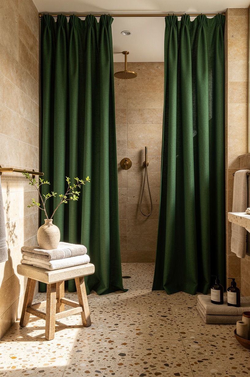 Frame the shower with a dramatic green curtain