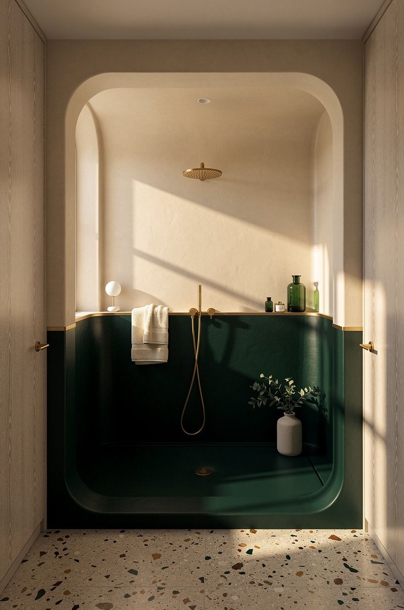 Frame the shower with cream above dark green