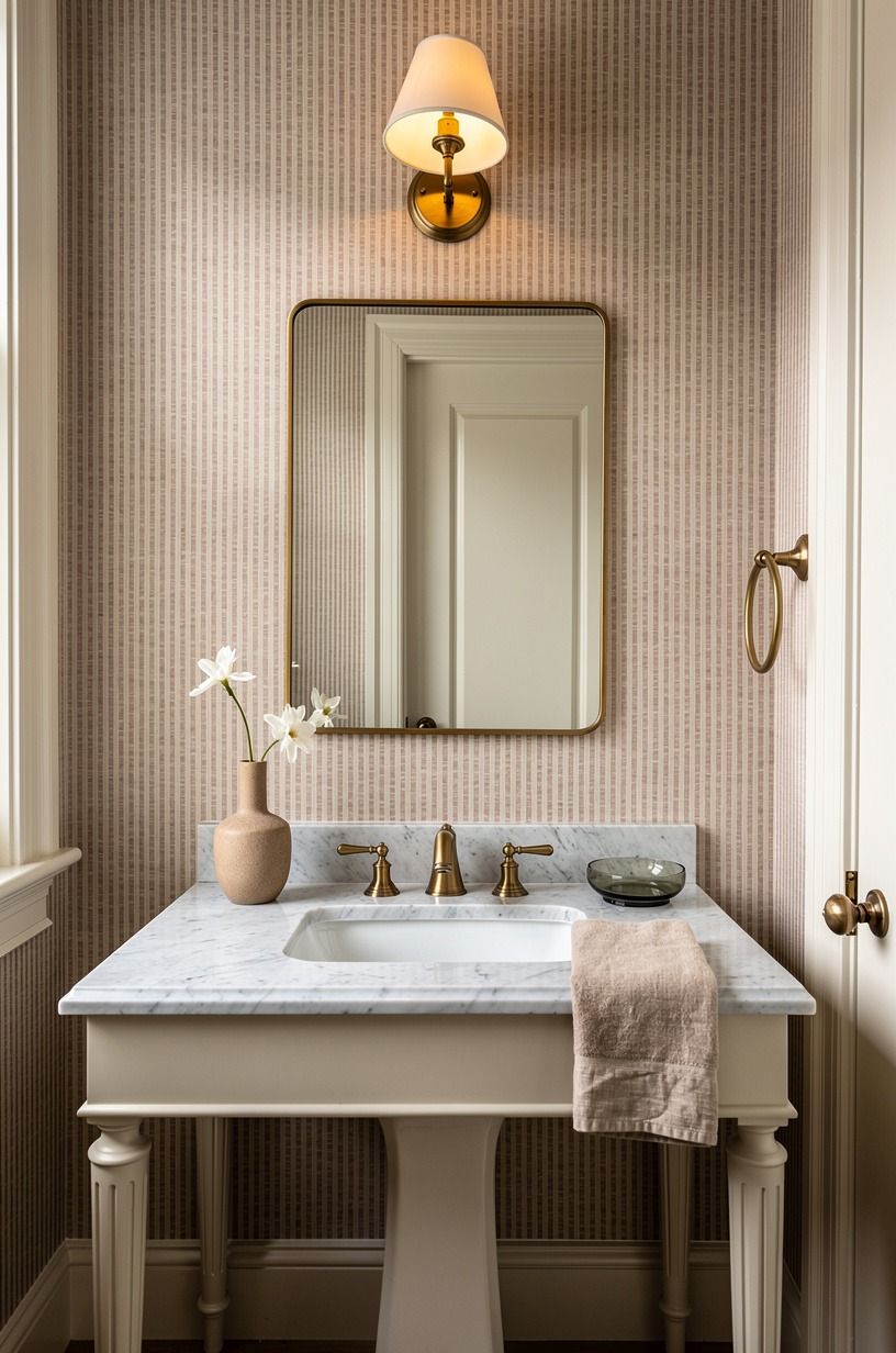 Frame the sink with striped wallpaper powder bathroom ideas