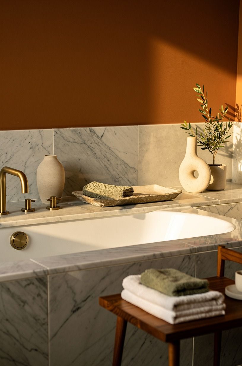 Frame the tub with a warm paint color beyond the tile