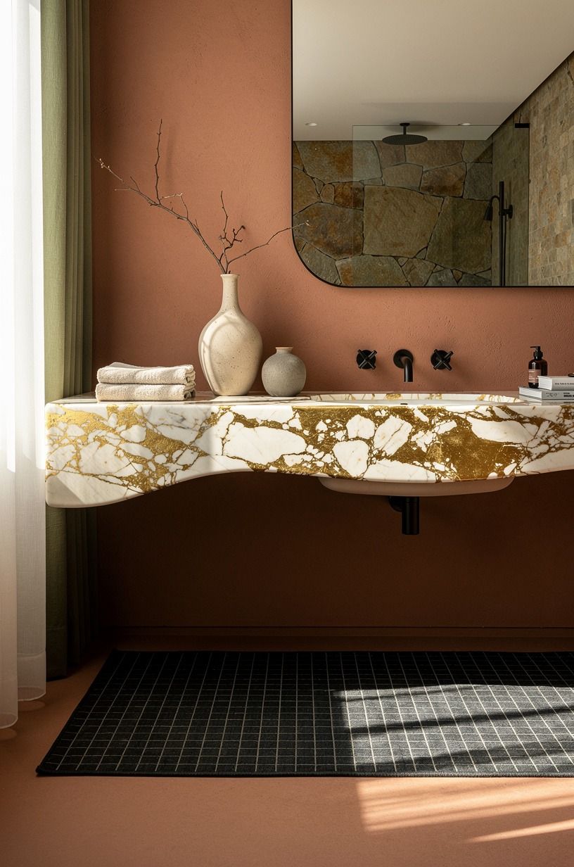 Frame the vanity zone with a single dark tile rug