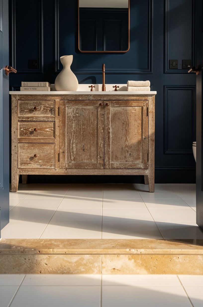 Frame white tile with a warm limestone lip