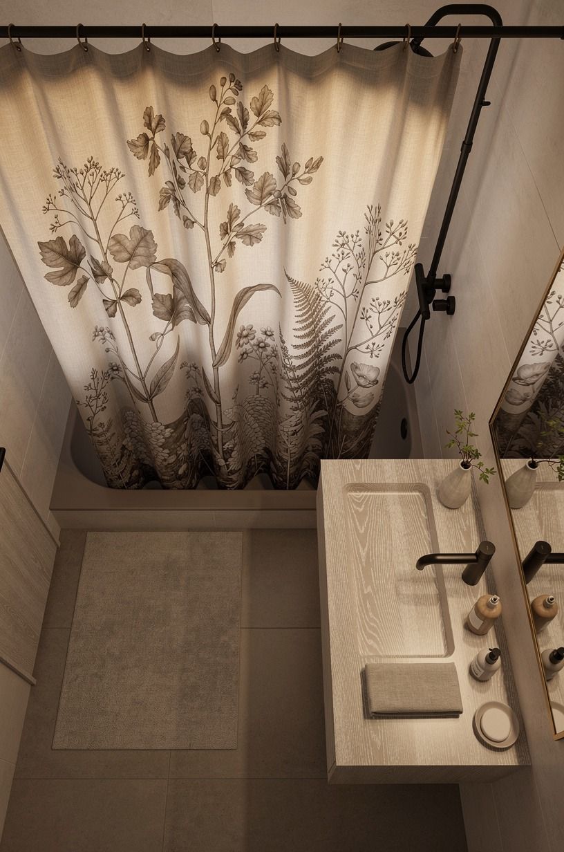 Hang a botanical shower curtain against black hardware