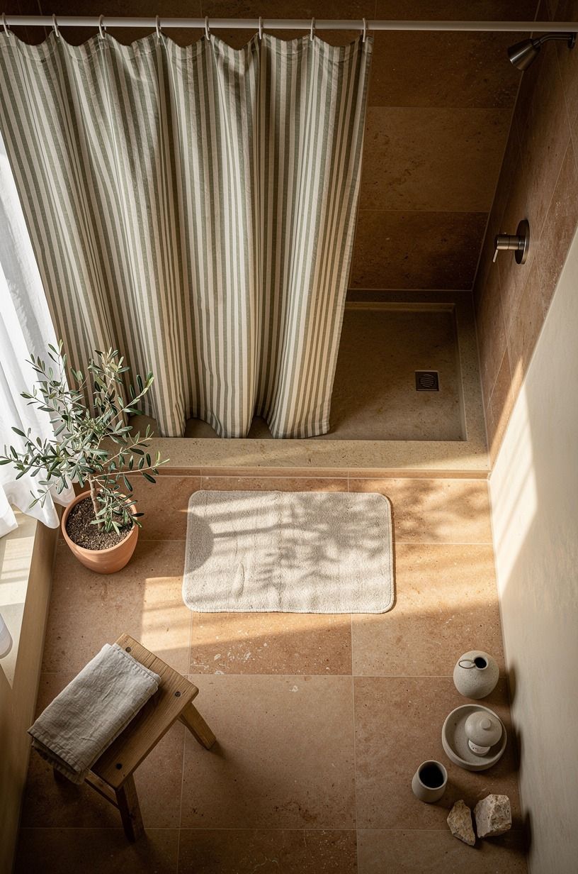 Hang a striped shower curtain high