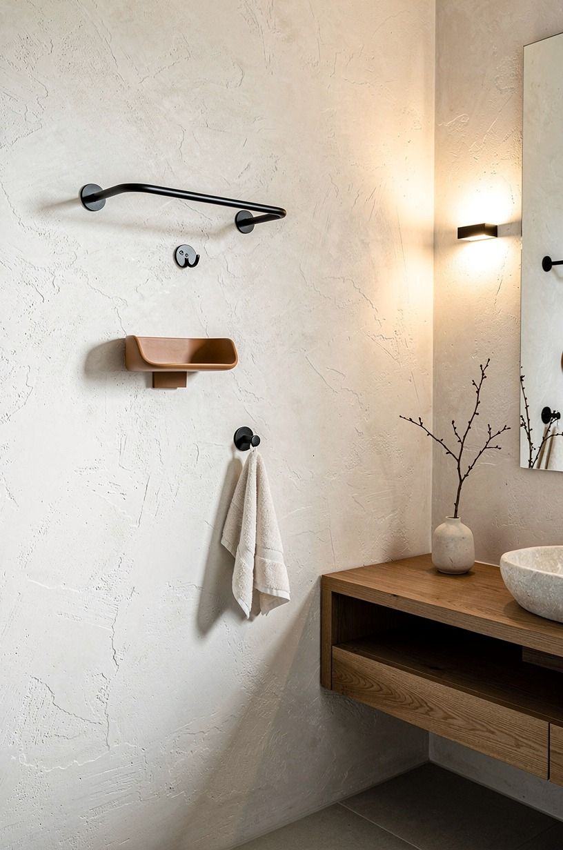 Hang bathroom wall accessories in one vertical line
