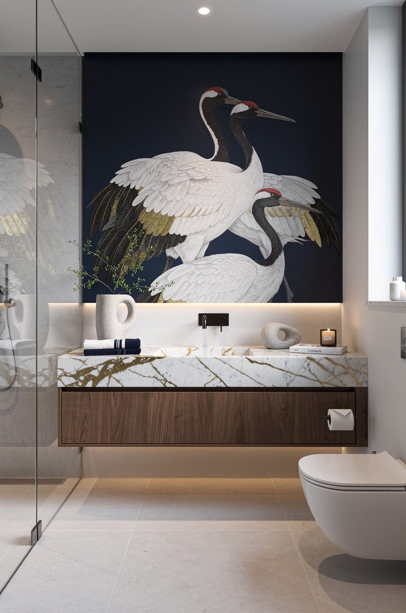 Hang mural-scale cranes above a simple vanity