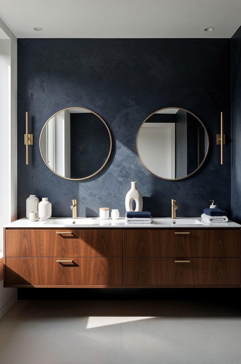 Hang round mirrors over rectangular vanities